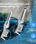 Close-up of tin-plated solid contacts from DTP 2 Pin Waterproof Automotive Connectors Kit, 6 Sets With Size 12 Solid Contacts.
