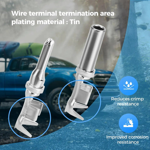 Close-up of tin-plated solid contacts from DTP 2 Pin Waterproof Automotive Connectors Kit, 6 Sets With Size 12 Solid Contacts.
