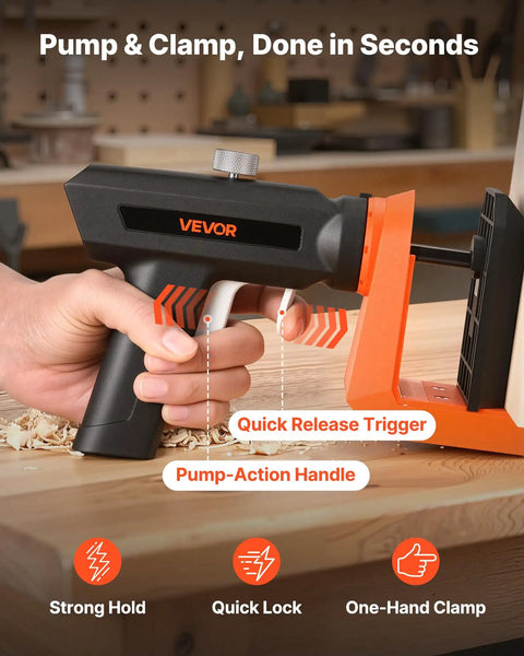 Pump-action clamp with quick release trigger for Pocket Hole Jig Kit for Woodworking With Adjustable Half Inch Three Quarters Inch settings.