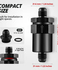 Compact Billet Inline Fuel Filter 6AN 30 Micron Aluminum Black For Car EFI And Carbureted Fuel Systems, dimensions shown