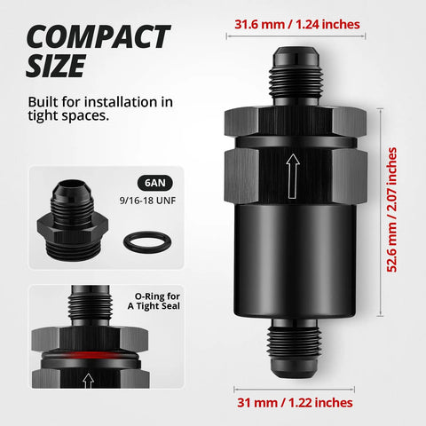 Compact Billet Inline Fuel Filter 6AN 30 Micron Aluminum Black For Car EFI And Carbureted Fuel Systems, dimensions shown
