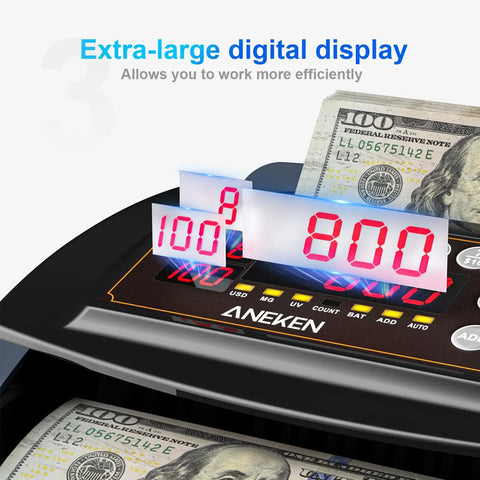 Close-up of cash counter with value count and UV MG IR counterfeit detection for dollars and euros, showing 800 notes counted