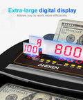 Money Counter With Value Count And Counterfeit Detection For Dollars And Euros, UV MG IR Scanners, showing large digital display.