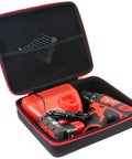 Open hard carrying case with Milwaukee M12 Hammer Drill MLW2504-20, charger, and accessories, showcasing crush-resistant EVA shell.