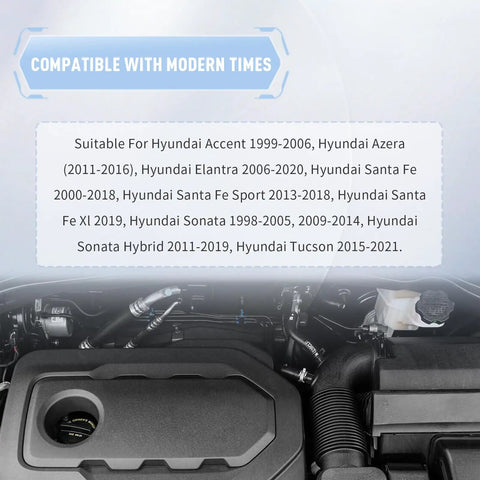 Engine bay with text showing compatibility for Hyundai models like Accent, Elantra, and Tucson, focus on brake fluid reservoir cap area.