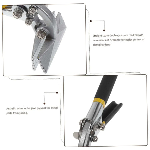 Pro Grade Manual Metal Bender Tool showing seaming pliers and anti-slip duckbill jaws for sheet metal and flat bar.