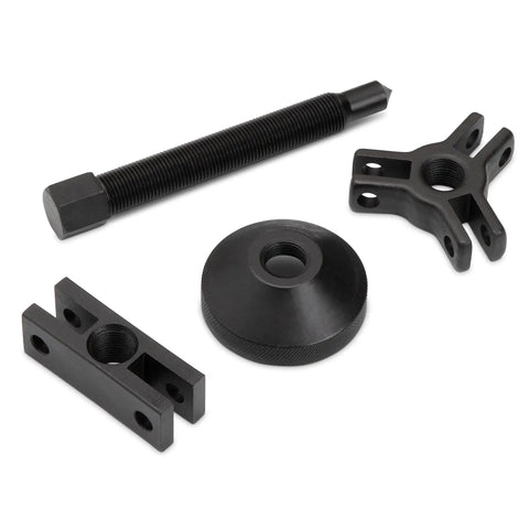 Components of 10 Way Slide Hammer Puller Set For Auto Repair with Dual Jaw Options, shown with center bolt and yokes.