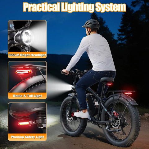 Rider on Beast 9000W Peak Dual Motor Ebike For Adults With 24 Inch Fat Tires Blue Finish Insane Torque Off Road Ready Tops Out At 47 MPH Electric Bike Built For Hills Trails And Urban Rides with lighting system