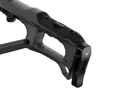 Close-up of black D Tac Quick Release Butt Extension for crossbows on white background.