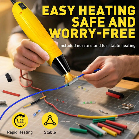 Person using Mini Heat Gun 350W With Two Temperature Settings 482F/752F 250C/400C Hot Air Tool With Metal Stand and Nozzle Guard for crafting.