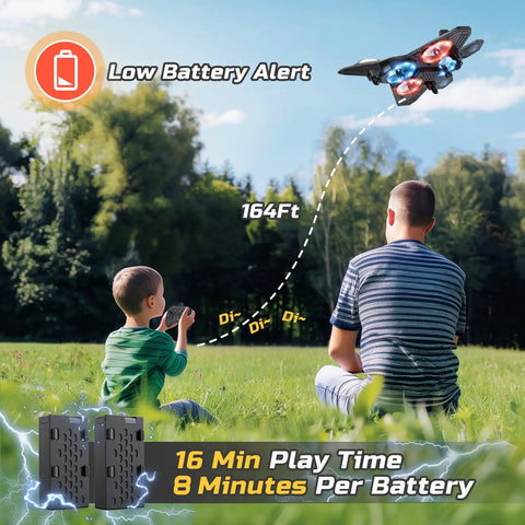 Kids Foam RC Plane With LED Lights in flight, child and adult using remote in park, highlighting low battery alert and flight distance