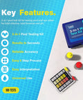Hassle Free Swimming Pool And Spa Water Test Kit For Chlorine Bromine And Ph Including 100 Straightforward Drops on blue background.