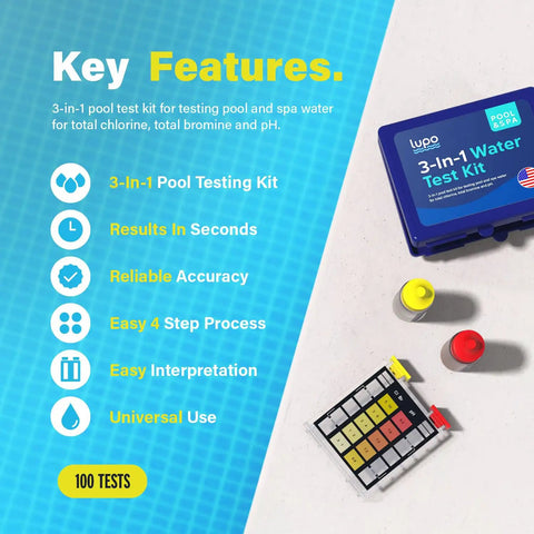 Hassle Free Swimming Pool And Spa Water Test Kit For Chlorine Bromine And Ph Including 100 Straightforward Drops on blue background.