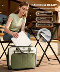 Front view: AUROTIER rolling laptop bag, green quilted front panel on white body with wheels.