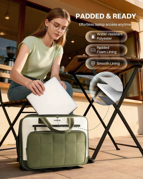 Front view: AUROTIER rolling laptop bag, green quilted front panel on white body with wheels.