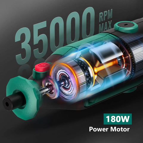 Illustration of Do-It-All 180W Rotary Tool Kit with Flex Shaft showing 180W motor and 35000 RPM capability