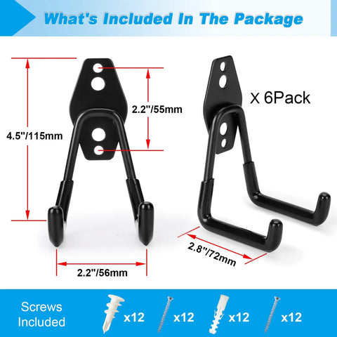 Six Pack Heavy Duty Garage Hooks With 100 Pound Capacity, steel utility hangers showing dimensions and screws included