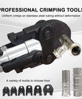 Heavy Duty Electric Tube Pressing Machine With Rechargeable Battery showcasing crimping tool on stainless steel tubing with molds.