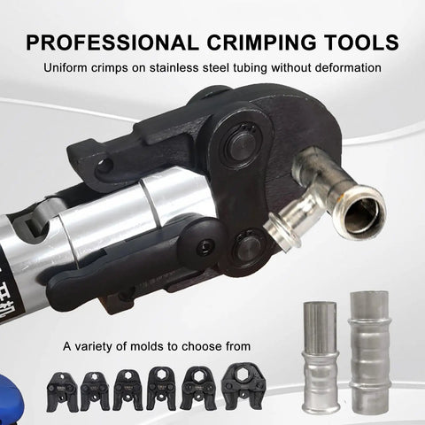 Heavy Duty Electric Tube Pressing Machine With Rechargeable Battery showcasing crimping tool on stainless steel tubing with molds.