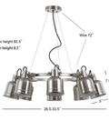 Nickel Modern Eight Light Industrial Wagon Wheel LED Chandelier For Your Kitchen Island Loft Dining Room With Metal Shades And Killer Energy Saving Bulbs Included, adjustable height and metal shades visible