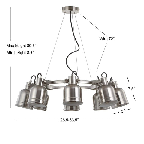 Nickel Modern Eight Light Industrial Wagon Wheel LED Chandelier For Your Kitchen Island Loft Dining Room With Metal Shades And Killer Energy Saving Bulbs Included, adjustable height and metal shades visible