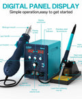 Two In One Soldering And Hot Air Rework Station Kit for Electronics, showing LED display, soldering iron, and hot air gun setup