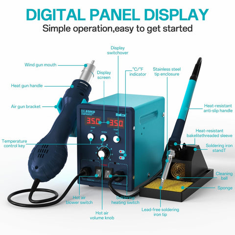 Two In One Soldering And Hot Air Rework Station Kit for Electronics, showing LED display, soldering iron, and hot air gun setup