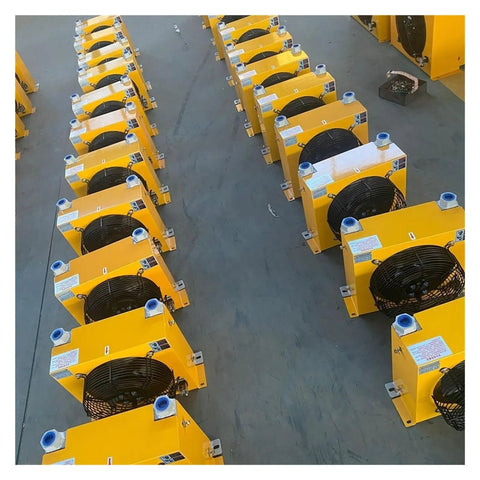 Heavy Duty Hydraulic Air Cooler With Aluminum Alloy Body And Plate Heat Exchanger, multiple units in a factory setting.