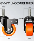 Set of 4 heavy-duty 2in casters with 3/8-16 UNC threaded stems and orange polyurethane wheels