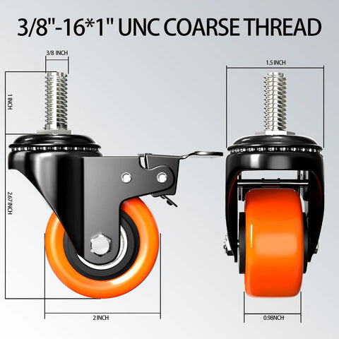 Set of 4 heavy-duty 2in casters with 3/8-16 UNC threaded stems and orange polyurethane wheels