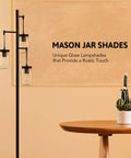 Industrial Floor Lamp With Mason Jar Base And Hanging Glass Shades In A Dope Modern Tree Design Five Foot Tall Reading Light