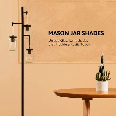 Industrial Floor Lamp With Mason Jar Base And Hanging Glass Shades In A Dope Modern Tree Design Five Foot Tall Reading Light