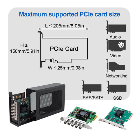 Diagram of maximum supported PCIe card sizes for External Egpu Enclosure With Thunderbolt 4 Usb4 Compatibility And 240W Power Supply.