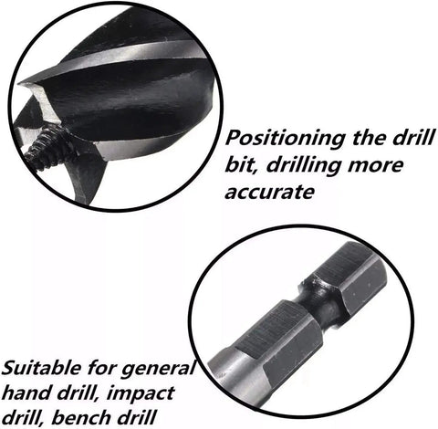 Close-up view of Killer Cut 11 Piece Hex Shank Wood Drill Bit Set 10mm To 32mm with hex shank for accurate drilling.