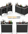 Multiple Portable Bar Table With 2-Tier Shelves setups, 39 Inch Long By 34 Inch High with black skirt, bottles on top.