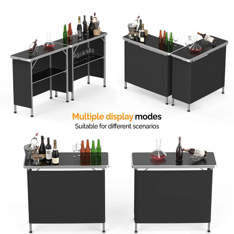 Multiple Portable Bar Table With 2-Tier Shelves setups, 39 Inch Long By 34 Inch High with black skirt, bottles on top.
