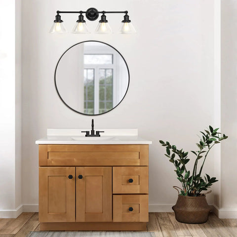 Rustic Farmhouse 4-Light Vanity Light in Matte Black with White Bowl Shades above bathroom mirror, dimmable, 34.25 in long