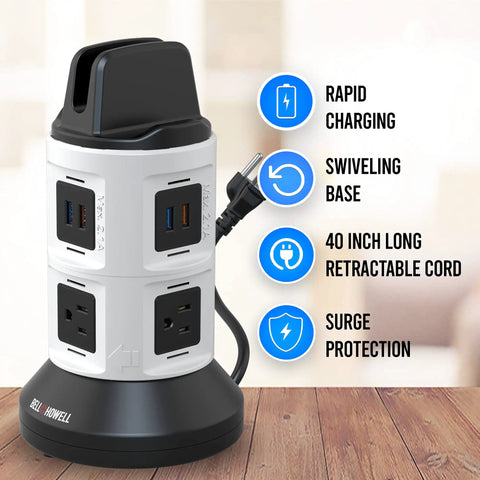 Spin Power Tower Surge Protector With 4 Outlets And 6 USB Ports on wooden table, featuring rapid charging and retractable cord.