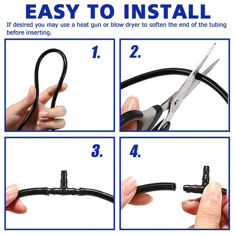 Vacuum tubing connector assortment kit, black nylon; automotive use with tees and elbows; installation steps shown.