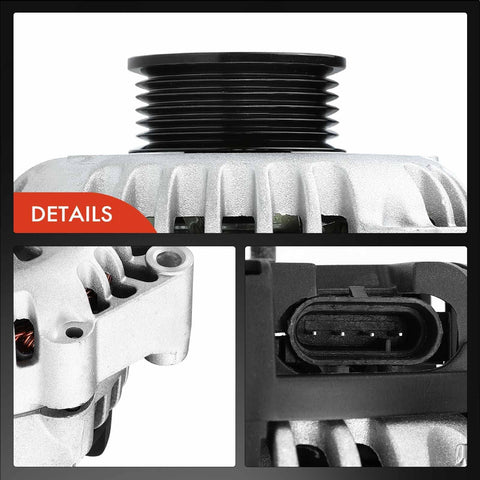 Close-up of Beefed Up 105 Amp 12V Alternator For 4.3L GM V6 SUVs And Trucks 1998 To 2000 showing pulley and clock plug details.
