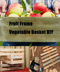 Wooden fruit and vegetable basket DIY project with apples in a crate, assembly steps with wooden slats, power tools shown.