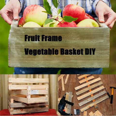 Wooden fruit and vegetable basket DIY project with apples in a crate, assembly steps with wooden slats, power tools shown.