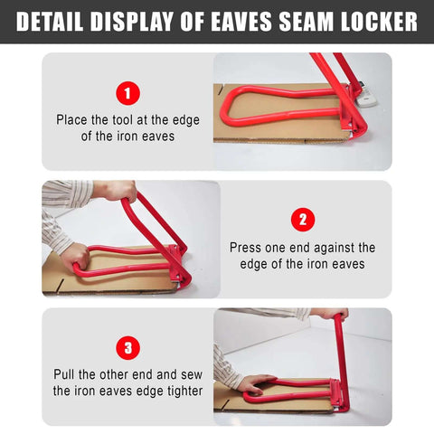 Detail steps of Pro Grade Roof Eaves Seam Bender for Standing Seam Metal Roofing in use, showing precise edge crimping process.