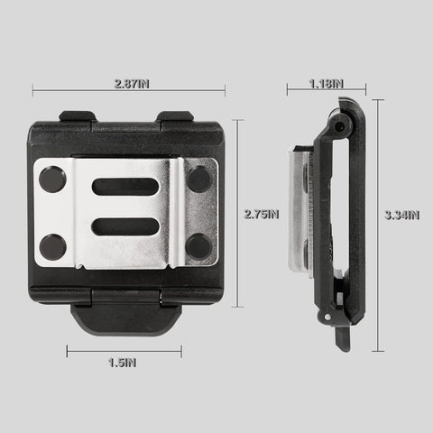 Sturdy Tape Measure Holder And Drill Holster With Belt Clip, front and side angles, heavy duty ABS with stainless steel clip