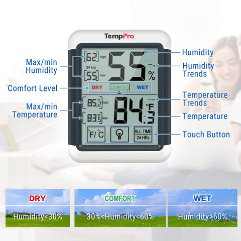 Digital Indoor Hygrometer Thermometer With Touchscreen 4Inch Large Display Easy Readings And Front Button Operation High Accuracy Humidity And Temperature Monitor For Home Or Your Pad, front view