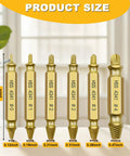 Six Piece Screw Extractor Set With HSS 4341 Bits for damaged and broken screws, showing product size and gold finish.