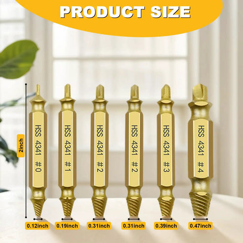 Six Piece Screw Extractor Set With HSS 4341 Bits for damaged and broken screws, showing product size and gold finish.