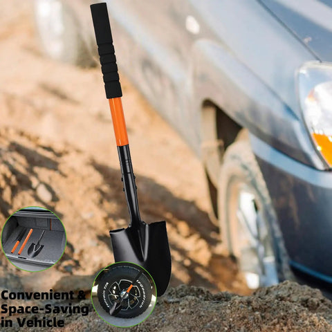 Extra Long 43.7 Inch Spade Shovel With Heavy Duty Steel Handle for Digging Gardening Camping Yard Work and Car Shovel Orange next to a car