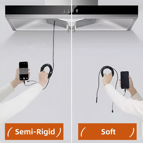 Dual Lens Endoscope Camera With Light And Eight Adjustable LED Lights, 1920x1440 HD Borescope probe options, semi-rigid vs soft