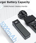 High Capacity Battery Handle For Osmo Pocket 3 And 4 On The Go 5000mAh Power Grip With Mini Tripod shown next to Osmo device
